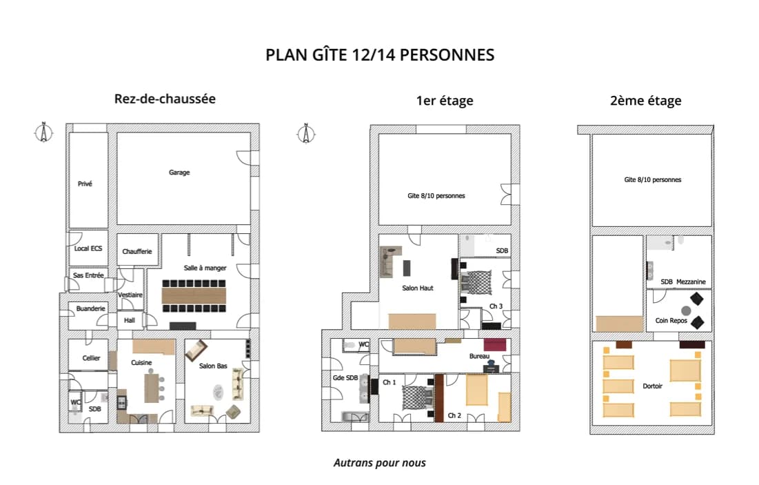 Plan d'un gîte pour 12/14 personnes avec trois niveaux.