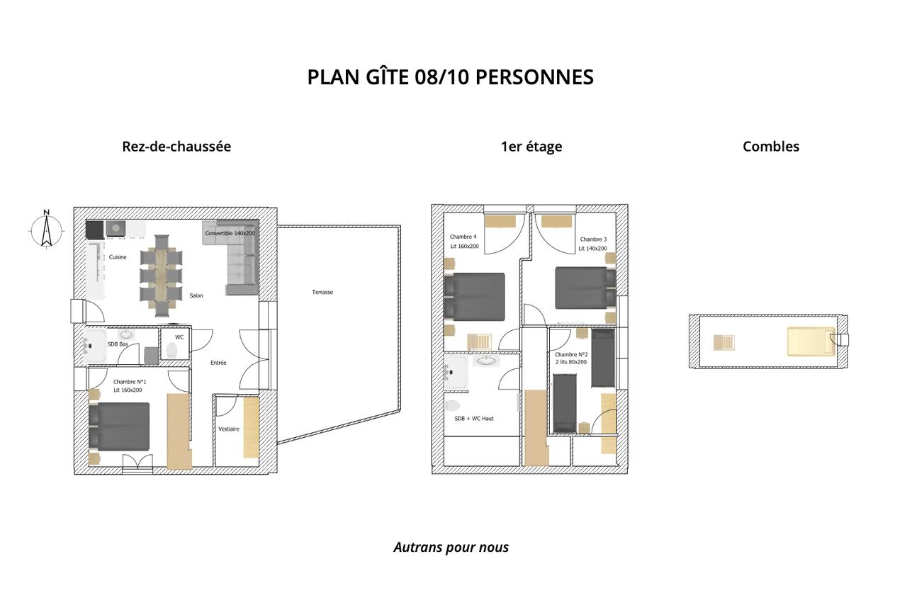 Plan d'un gîte pour 8/10 personnes avec disposition des pièces.
