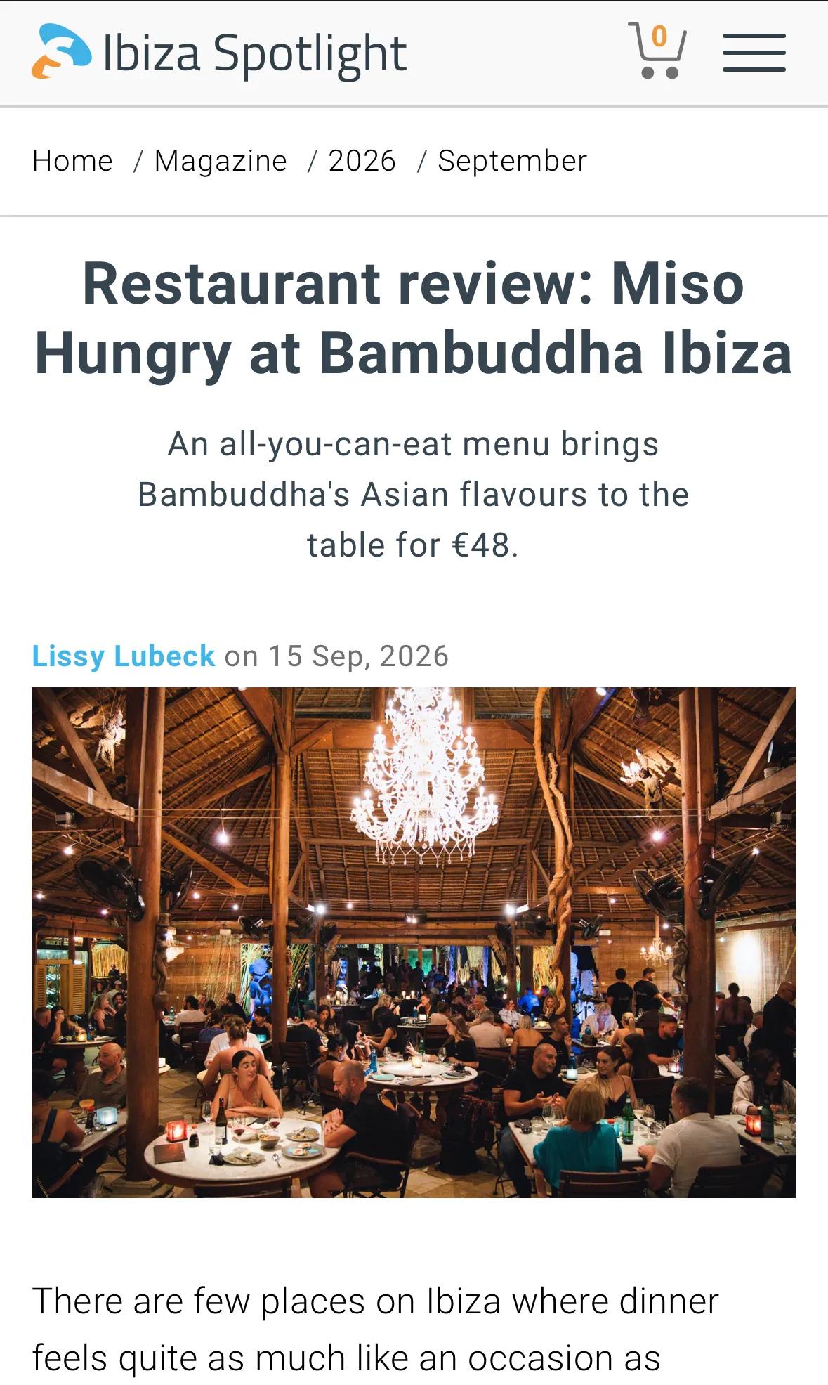 Interior view of Bambuddha Ibiza restaurant with chandeliers.