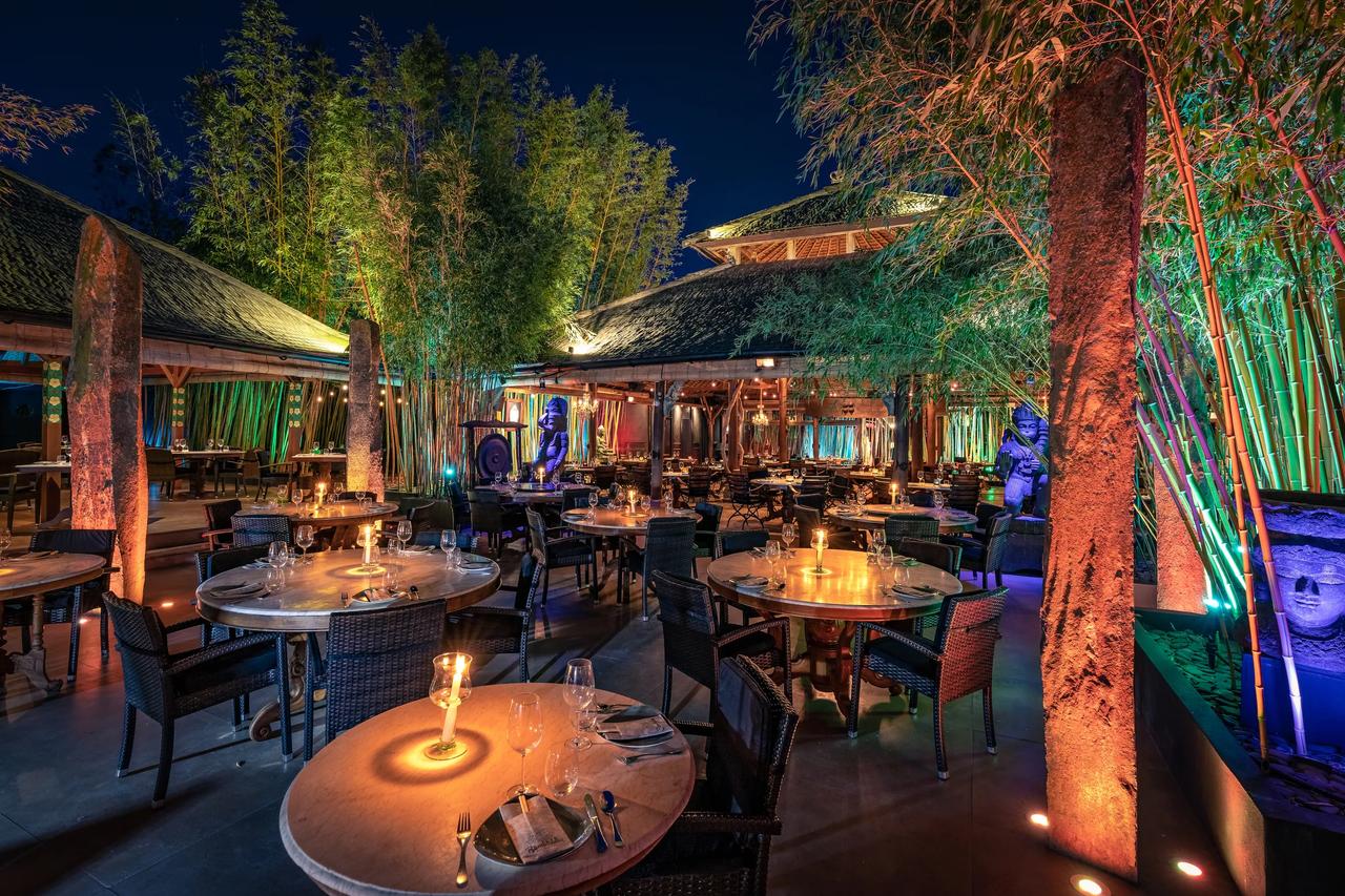Stylish outdoor dining area with bamboo and illuminated tables
