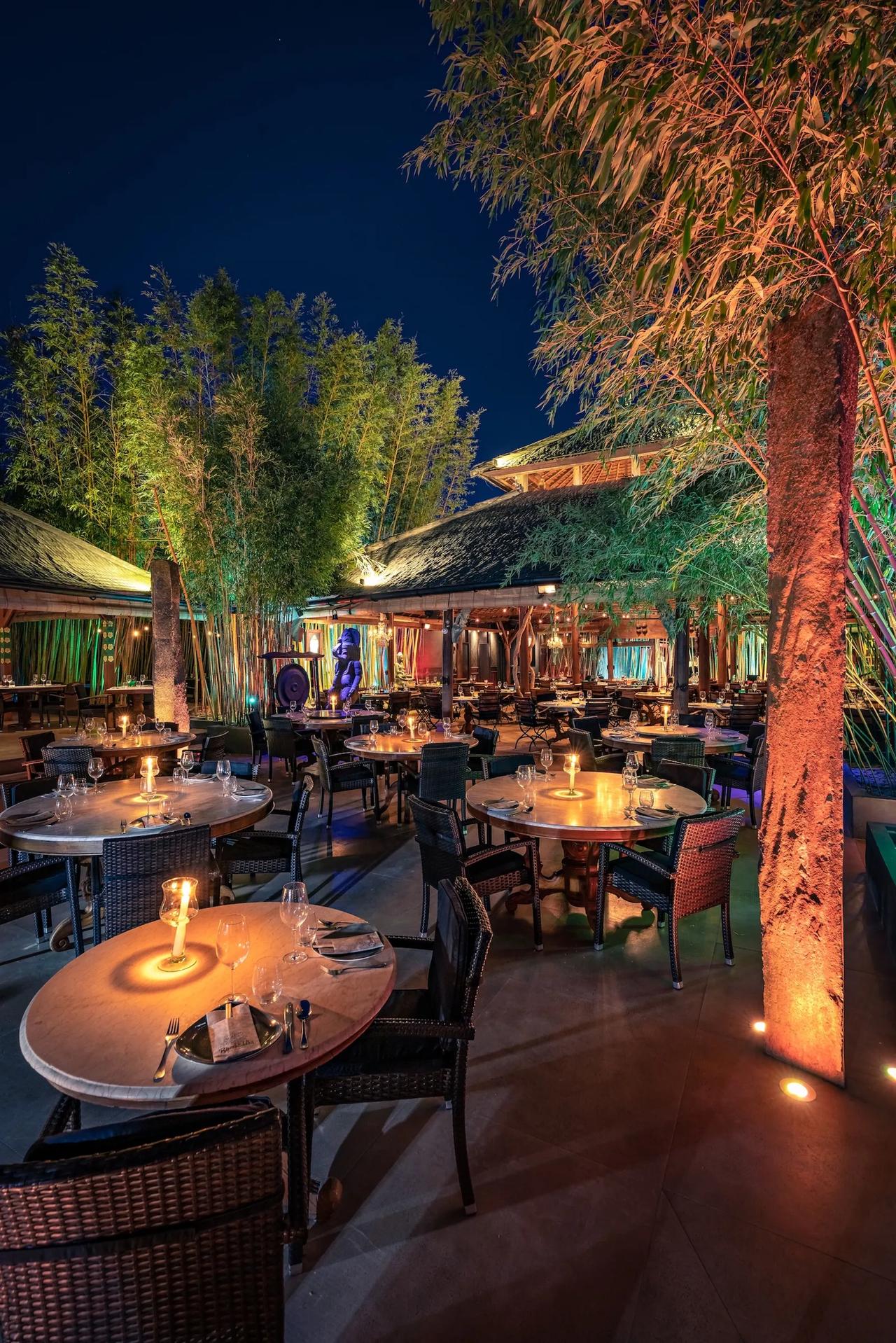 Elegant outdoor dining area with bamboo and soft lighting.