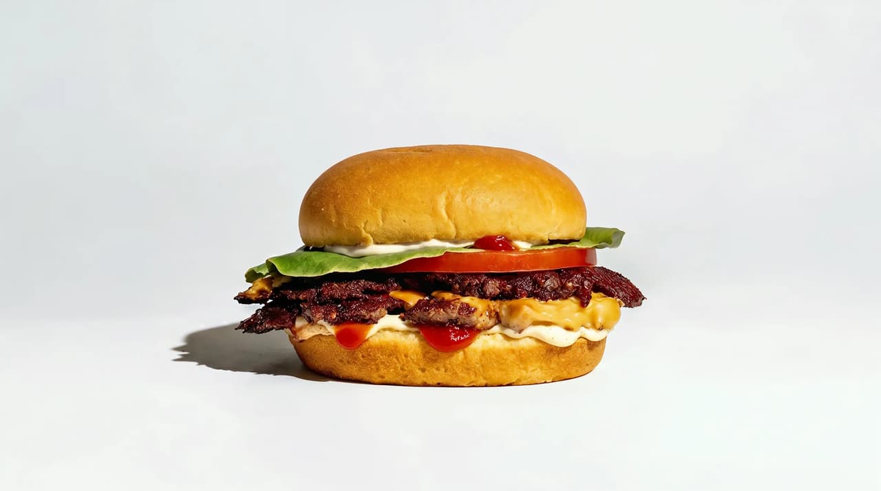 Sandwich avec viande, laitue, tomate et sauces