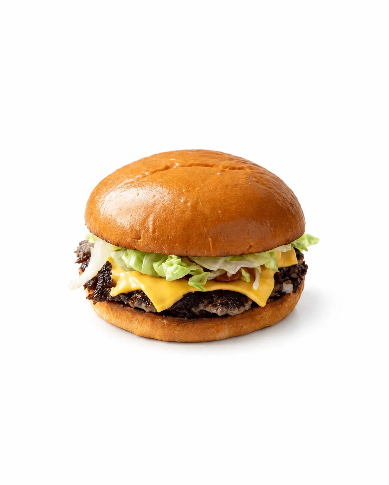 Burger with cheese, lettuce, and onions