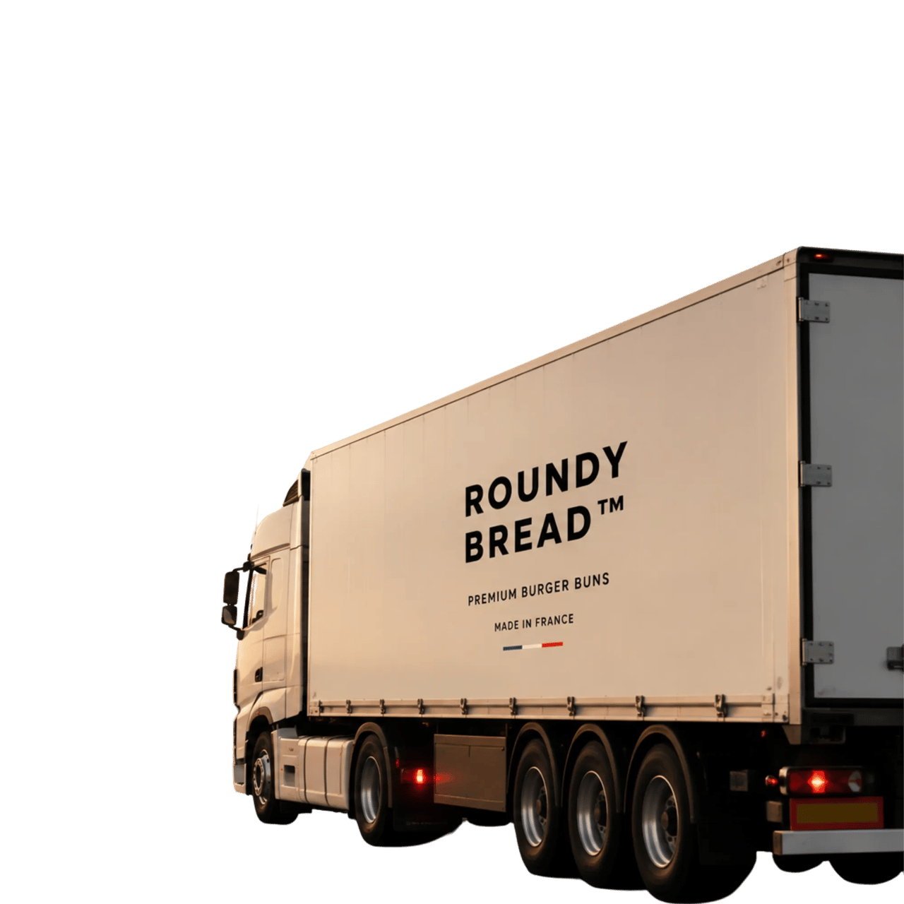Camion de livraison de pains ronds avec logo.