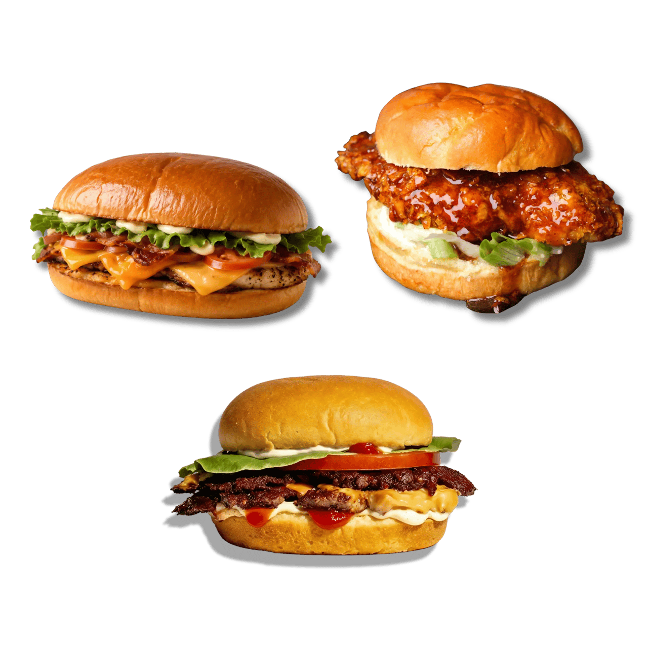 Trois hamburgers appétissants sur fond blanc.