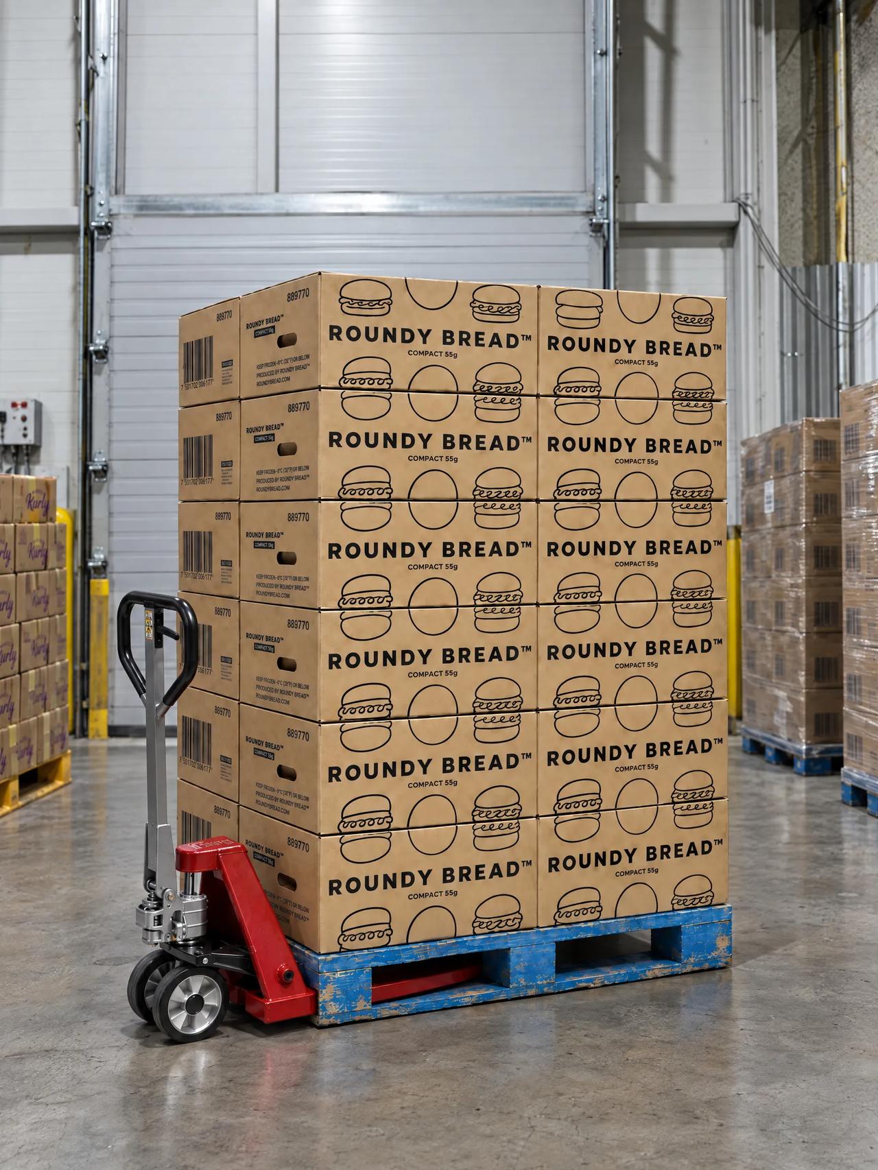 Palette de cartons de pain Roundy dans un entrepôt.