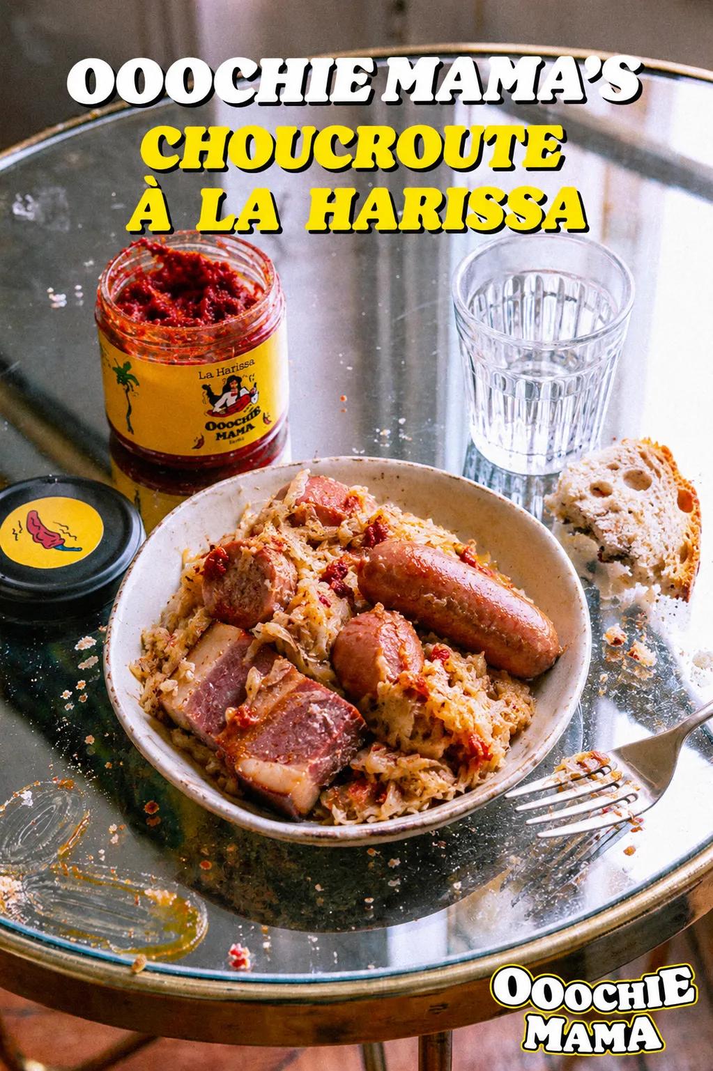 Choucroute à la harissa d'Ooochie Mama avec un pot de harissa