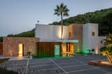 Modern villa with stone facade and palm tree at dusk